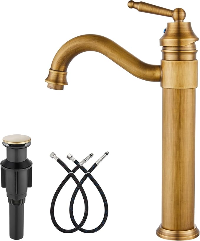 gotonovo Bathroom Vessel Sink Faucet Single Handle Brass Long Reach Bathroom Faucet 1 Hole Deck Mounted Mixer Tap with Pop Up Drain Antique Brass