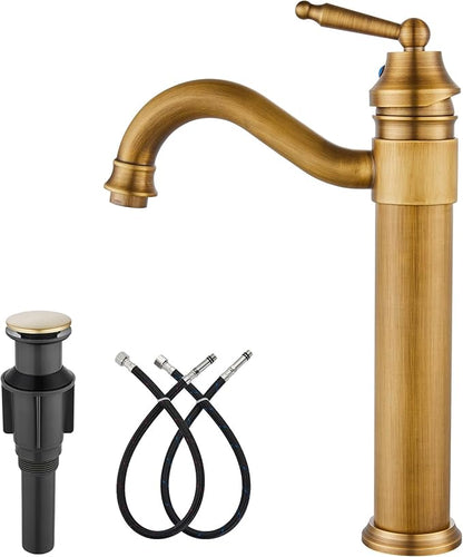 gotonovo Bathroom Vessel Sink Faucet Single Handle Brass Long Reach Bathroom Faucet 1 Hole Deck Mounted Mixer Tap with Pop Up Drain Antique Brass