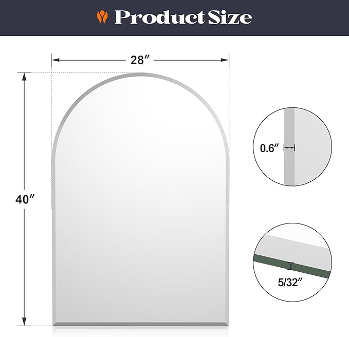 Frameless Bathroom Mirror, 28" x 40" Arched Beveled Frameless Mirror, Arch Wall Mounted Vanity Bathroom Mirror for Over Sink, Living Room, Bedroom, Entryway