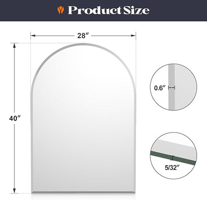 Frameless Bathroom Mirror, 28" x 40" Arched Beveled Frameless Mirror, Arch Wall Mounted Vanity Bathroom Mirror for Over Sink, Living Room, Bedroom, Entryway