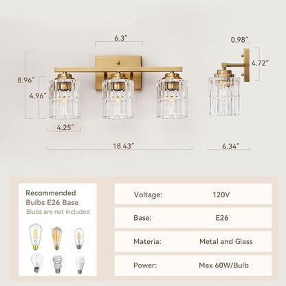 TALOYA Gold 3-Light Bathroom Vanity Light with Fluted Cylinder Glass Shade | Modern Vanity Lighting Fixtures, Bathroom Lights Over Mirror, Wall Mount Mirror Light Fixtures for Bathroom Hallway Bedroom