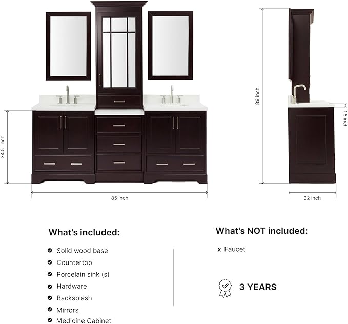 ARIEL Stafford 84-inch Bathroom Vanity with Sink,Solid Wood, 1.5-inch Pure White Quartz Countertop & Backsplash, Double Oval Porcelain Sink, 5 Soft Closing Doors, 6 Dovetail Drawers, Espresso