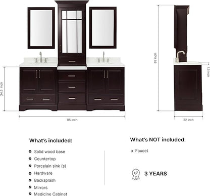 ARIEL Stafford 84-inch Bathroom Vanity with Sink,Solid Wood, 1.5-inch Pure White Quartz Countertop & Backsplash, Double Oval Porcelain Sink, 5 Soft Closing Doors, 6 Dovetail Drawers, Espresso