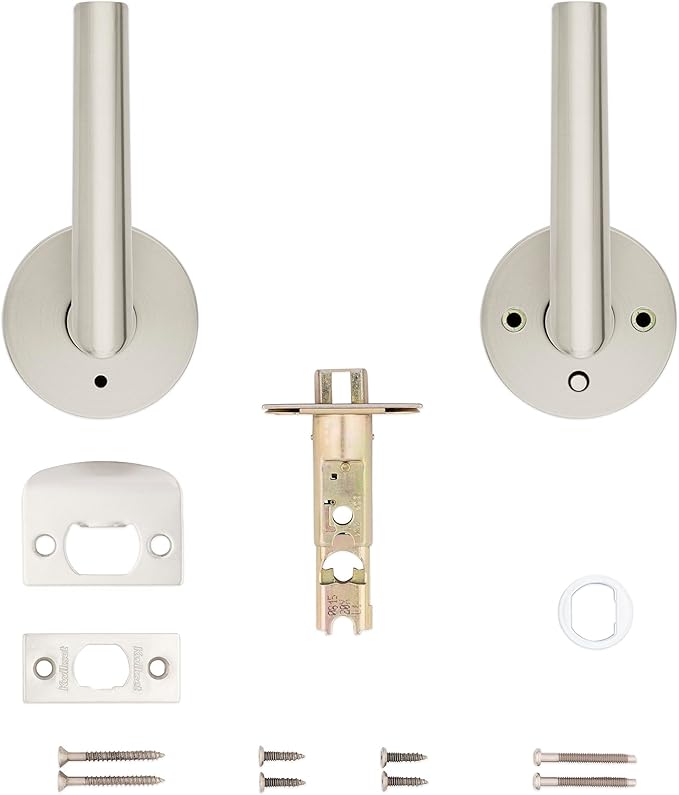 Kwikset Milan Interior Privacy Door Handle with Lock, Door Lever For Bathroom and Bedroom, Satin Nickel Reversible Keyless Push Button Lock Door Lever