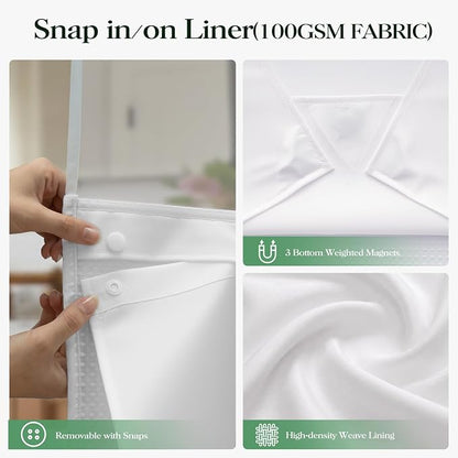 White Hook Free Waffle Shower Curtain & Snap-in Fabric Liner,72x75 | Less Time to install, 3 in 1 Fabric Shower Curtain and Liner Set with Magnets, Mesh Top Window, Shower Curtains for Bathroom