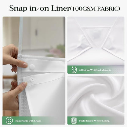 White Hook Free Waffle Shower Curtain & Snap-in Fabric Liner,60x87 | Less Time to install, 3 in 1 Fabric Shower Curtain and Liner Set with Magnets, Stall, Long, Shower Curtains for Bathroom