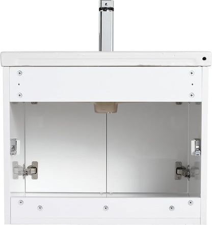 Blossom 24 Inch Glossy White Plywood Floating Bathroom Vanity with Ceramic Sink, Preassembled Wall Mounted Small Bathroom Vanity Cabinet with Soft Close Doors