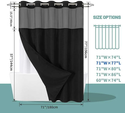 eachope No Hook Waffle Shower Curtain with Snap-in Liner, 71x77 Inch, Black | 230 GSM waffle weave fabric, waterproof liner set with 2 bottom magnets, mesh top window, washable, for bathroom or hotel use