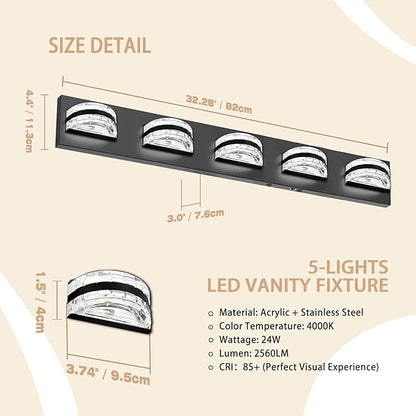LED Bathroom Vanity Light, 360°Rotatable, Nature White 2560LM 5 Light, Black Modern Matte Bathroom Lighting Fixtures, Over Mirror Vanity Lights for Living Room, Bedroom ETL Certified