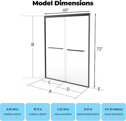 Sliding Glass Shower Door 56–60 Inch W x 72 Inch H, Shower Sliding Door with 8mm Tempered Glass, Double Shower Sliding Glass Door with Easy-Clean Coating, Matte Black Shower Glass Door