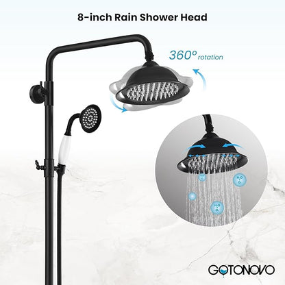 gotonovo Matte Black 8 inch Rainfall Shower Head Dual Functions Wall Mounted Exposed Shower Faucet with Shower Shelf Double Cross Handles With Adjustable Ceramics Handheld Sprayer Shower Shower System