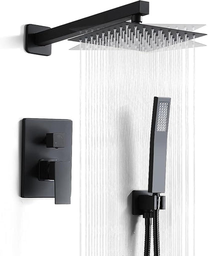 10 Inch Shower Faucet Set, Wall-Mounted Rainfall Shower System with High Pressure Handheld Shower Head, Bathroom Mixer Shower Set Wall Mounted Rough-in Valve and Trim Kit, Matte Black