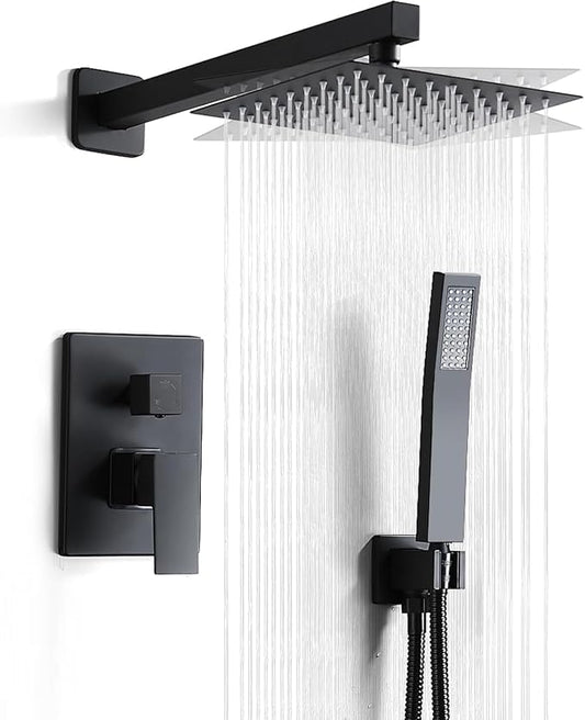 10 Inch Shower Faucet Set, Wall-Mounted Rainfall Shower System with High Pressure Handheld Shower Head, Bathroom Mixer Shower Set Wall Mounted Rough-in Valve and Trim Kit, Matte Black