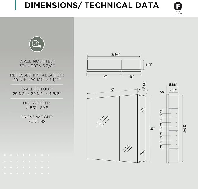 Bathroom Medicine Cabinet, Aluminum, Recessed/Surface Mount, 30" x 30", Right/Left Hinged, Mirrored Interior