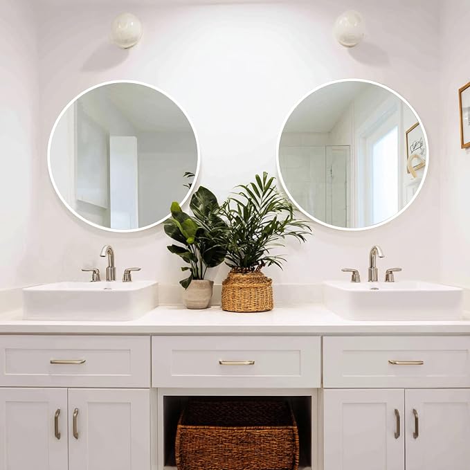 White Round Mirror 24 inch, 2 Pack Circle Mirror, Matte Metal Frame | High Definition Mirror, Waterproof, Sturdy, Circle Mirror for Bathroom, Bedroom, Entryway, Living Room, Wall Décor