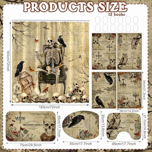 FuWeave 8 Pcs Gothic Shower Curtain Set for Bathroom Include Vintage Skeleton Towels Non Slip Skull Rugs Toilet Lid Cover Spooky Spider Web Bath Mat and 12 Hooks for Gothic Bathroom Decor