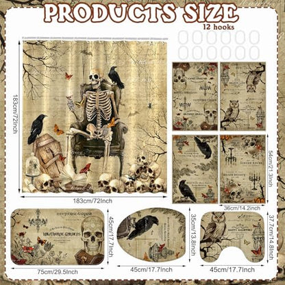 FuWeave 8 Pcs Gothic Shower Curtain Set for Bathroom Include Vintage Skeleton Towels Non Slip Skull Rugs Toilet Lid Cover Spooky Spider Web Bath Mat and 12 Hooks for Gothic Bathroom Decor