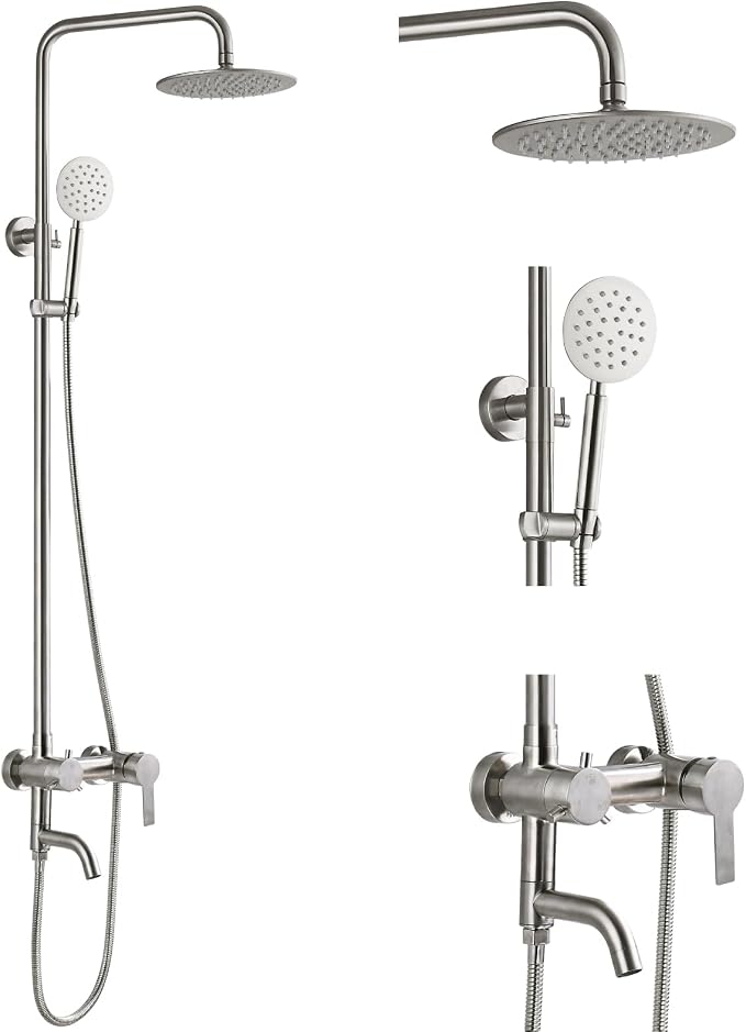 gotonovo Outdoor Shower Kit SUS304 Stainless Steel Brushed Nickel | Outside Shower Fixtures,8’’ Rain Head with Handheld Sprayer,Swivel Tub Spout,Indoor/Outdoor,Poolside,Backyard,Garden,Beach