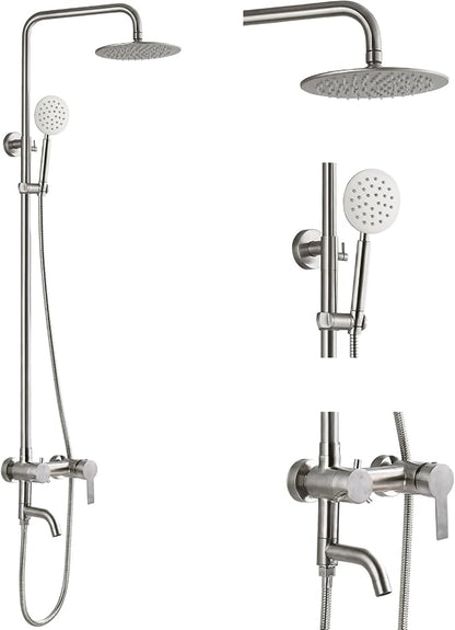 gotonovo Outdoor Shower Kit SUS304 Stainless Steel Brushed Nickel | Outside Shower Fixtures,8’’ Rain Head with Handheld Sprayer,Swivel Tub Spout,Indoor/Outdoor,Poolside,Backyard,Garden,Beach