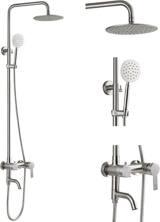 gotonovo Outdoor Shower Kit SUS304 Stainless Steel Brushed Nickel | Outside Shower Fixtures,8’’ Rain Head with Handheld Sprayer,Swivel Tub Spout,Indoor/Outdoor,Poolside,Backyard,Garden,Beach