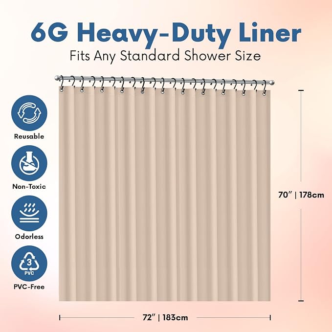 No Smell Shower Curtain Liner 72x72 Beige - PEVA Plastic Shower Curtain for Bathroom, PVC-Free Waterproof Sand Shower Liner with Metal Grommets and Magnet-Weighted Bottom Hem - Washable Liner