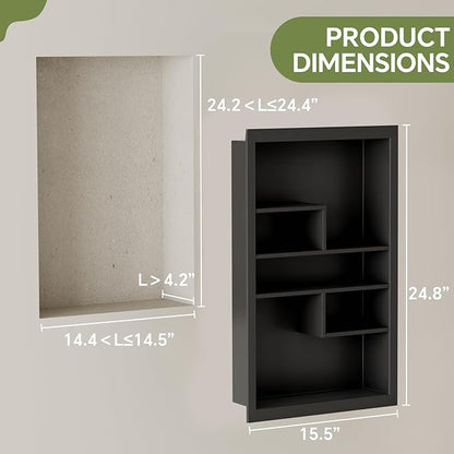14x24 Medicine Cabinet Recessed Stainless Steel, with 5 Compartments Medicine Cabinet Organizer, Stainless Steel Wall Niche, Bathroom Wall Cabinet, Recessed Bathroom Cabinet, Black