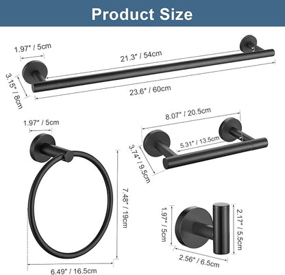 5 Pieces Matte Black Bathroom Hardware Accessories Set, Bathroom 23.6 Inch Towel Bar Set Stainless Steel Toilet Paper Holder Round Towel Racks for Bathroom Wall Mounted