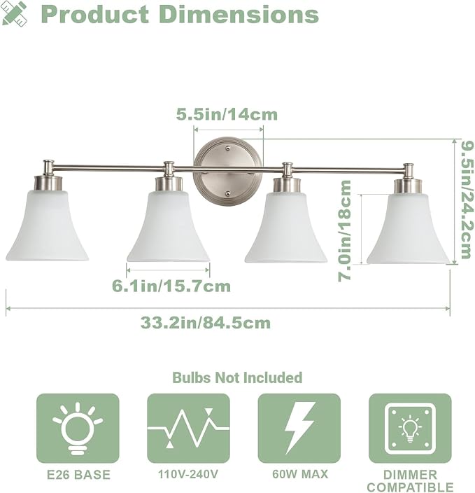 LOUSACE 4 Light Bathroom Vanity Light Brushed Nickel Bathroom Lighting Fixtures Over Mirror with Opal White Frosted Glass, Vintage Traditional Wall Lighting Fixture Satin Nickel Vanity Lights