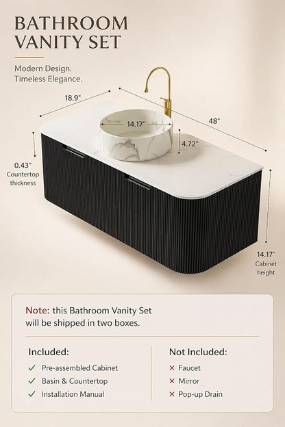 48 Inch Bathroom Vanity with Sink, Floating Wall Mounted Single Sink Vanity, Black Curved Fluted Front, Stone Top, Marble-Look Round Vessel Basin, Pre-Assembled