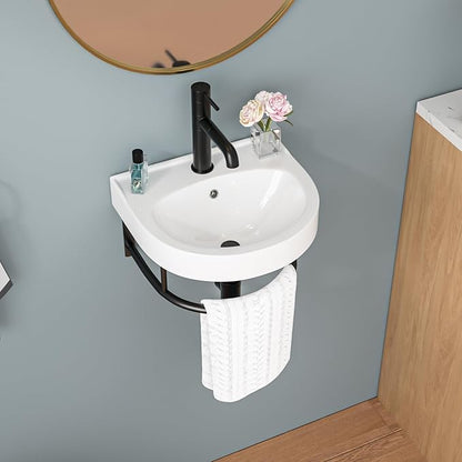 Sarlai Wall Hung Bathroom Vessel Sink with Towel Rack,16x14 Inch Wall Mounted Rectangle Ceramic Small Bathroom Sink White Mini Wash Modern Vanity Floating Basin