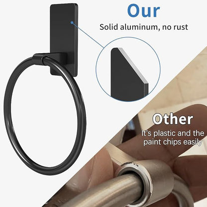 STWWO Black Hand Towel Holder for Bathroom, Adhesive Towel Rings, 2 Pack | Self Adhesive Round Towel Holder for Bath RV Kitchen, No Drill Hole