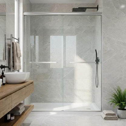 Sliding Shower Door, Aluminum Alloy Frame with 44-48" Adjustable Width x 72" Height, Features Double 6mm (1/4") Tempered Glass Panels, Silver Square Track, Space-Saving Bypass Design