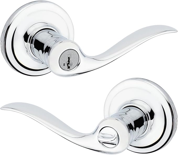 Kwikset Tustin Entry Door Handle with Lock and Key, Secure Keyed Reversible Lever Exterior, Doorlock, For Front Entrance and Bedrooms, Polished Chrome, Pick Resistant Smartkey Rekey Security