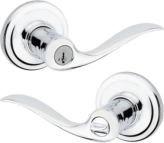Kwikset Tustin Entry Door Handle with Lock and Key, Secure Keyed Reversible Lever Exterior, Doorlock, For Front Entrance and Bedrooms, Polished Chrome, Pick Resistant Smartkey Rekey Security