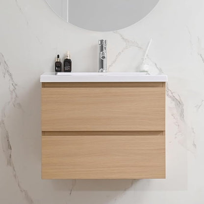 walsport Floating Bathroom Vanity with Sink & Mirror & Faucet & Countertop Set Small Wall Mounted Bathroom Single Sink Cabinet with Double Storage Drawers Modern (Natural)