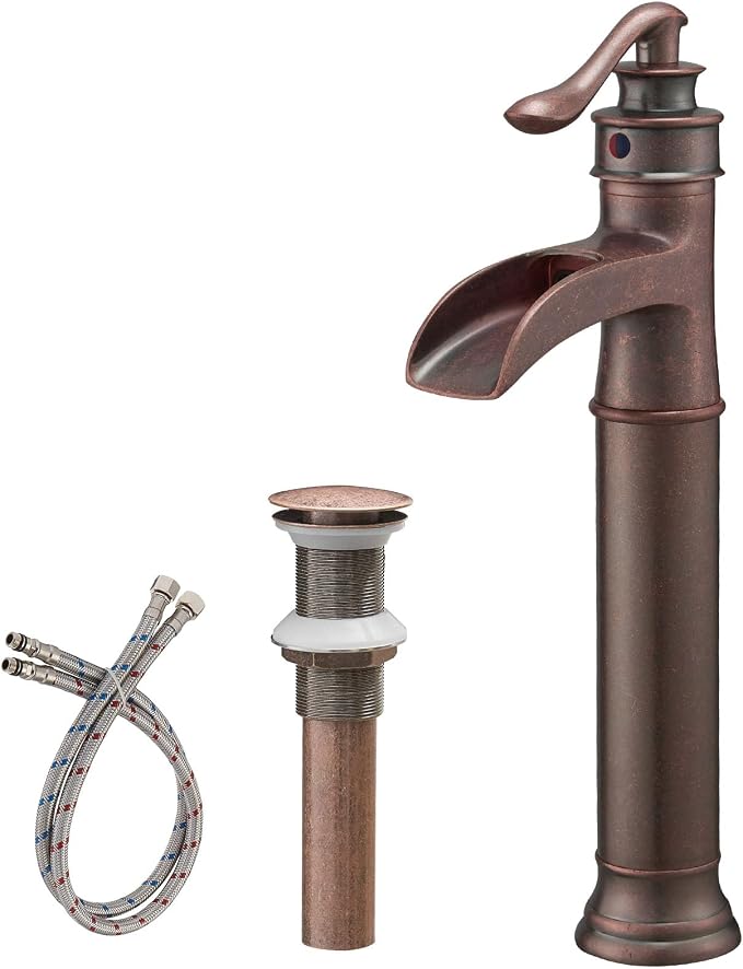Copper Vessel Sink Faucet Tall Brass Waterfall Faucet for Vessel Sink | Bathroom Faucets Farmhouse Single Hole Single Handle Vanity Lavatory Without Overflow Pop Up Drain for Washroom by BATHLAVISH