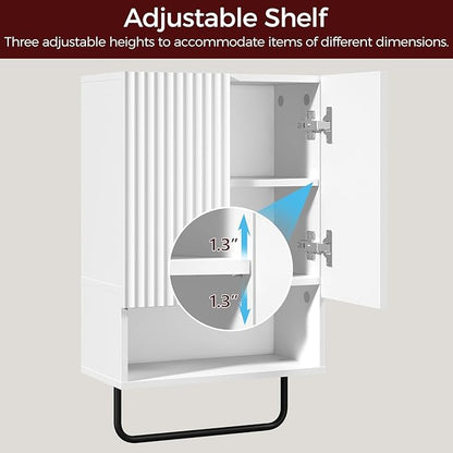 Bathroom Wall Cabinet, Wall Mounted Medicine Cabinets with Towel Bar & Adjustable Shelf, Over The Toilet Space Saver Storage Cabinet with 2 Doors, for Bathroom Laundry Room Kitchen, White