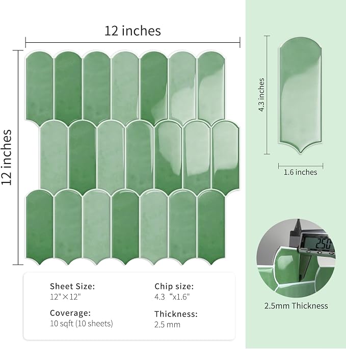 10-Sheet Upgraded Thicker Peel and Stick Kitchen Backsplash Tiles | Waterproof Self-Adhesive Vinyl Wall Tile Stick on Backsplash for Kitchen,Bathroom,Fireplace and RV(Sage Green,12"×12")