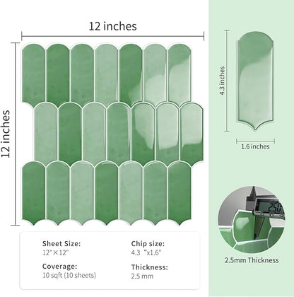 10-Sheet Upgraded Thicker Peel and Stick Kitchen Backsplash Tiles | Waterproof Self-Adhesive Vinyl Wall Tile Stick on Backsplash for Kitchen,Bathroom,Fireplace and RV(Sage Green,12"×12")