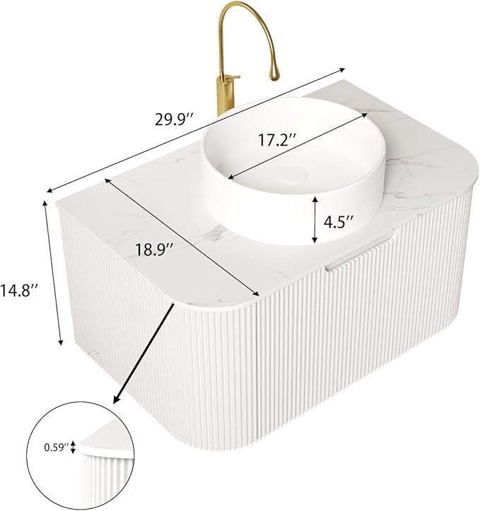 Yayzy 30" Floating Bathroom Vanity with Sink, Solid Wood Fluted Cabinet, White Round Ceramic Basin & Faux Marble Top, Soft-Close Drawer, Pre-Assembled, White