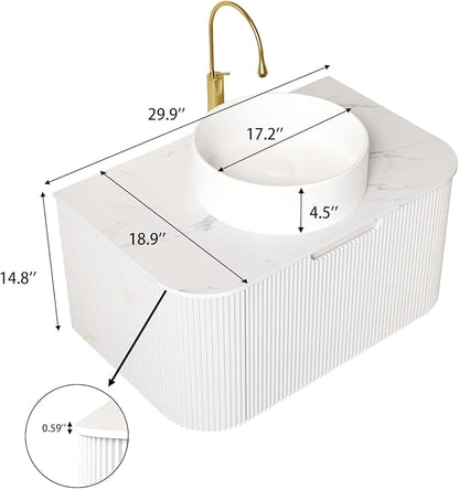 Yayzy 30" Floating Bathroom Vanity with Sink, Solid Wood Fluted Cabinet, White Round Ceramic Basin & Faux Marble Top, Soft-Close Drawer, Pre-Assembled, White