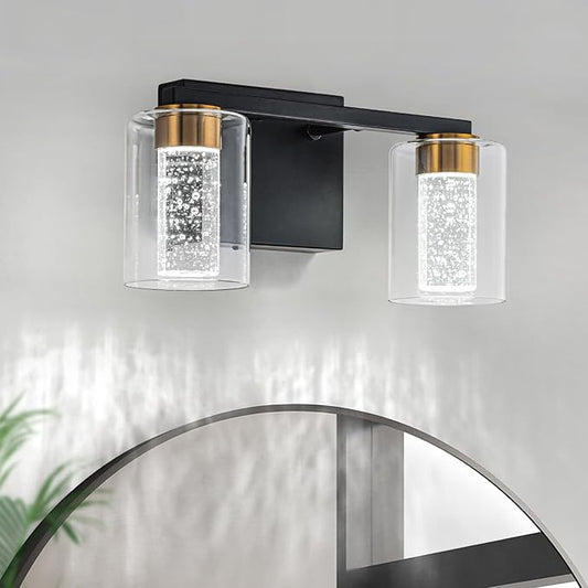 SineRise 2-Light Black and Gold Vanity Light with 3 Color Modes (3000K/4000K/6000K), Eye Protection LED Bathroom Light Fixture, Dimmable Modern Wall Light Over Mirror with Clear Glass Shade