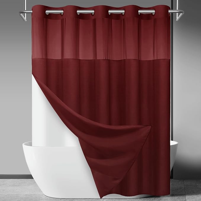 SORTTO No Hook Slub Shower Curtain with Liner, 71x74, Burgundy | Snap in Liner, 3 in 1, Bamboo Texture, Hotel Style, Waterproof Fabric, Mesh Top Window, Corner Magnets, Machine Washable