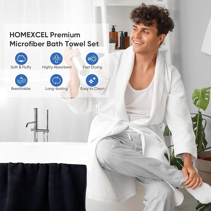 HOMEXCEL 4PK Bath Towel Set, 30x60 in, Absorbent Large Towels for Bathroom | Ultra Soft, Lightweight, Quick Dry Towels for Pool, Beach, Swim, Yoga, SPA, Black