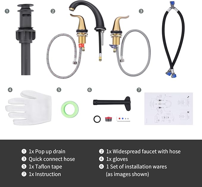 WOWOW Black and Gold Widespread Bathroom Faucet Bathroom Sink Faucet 3 Hole Vanity 2 Handle Basin 8 Inch Mixer Tap with Pop Up Drain and Supply Hose