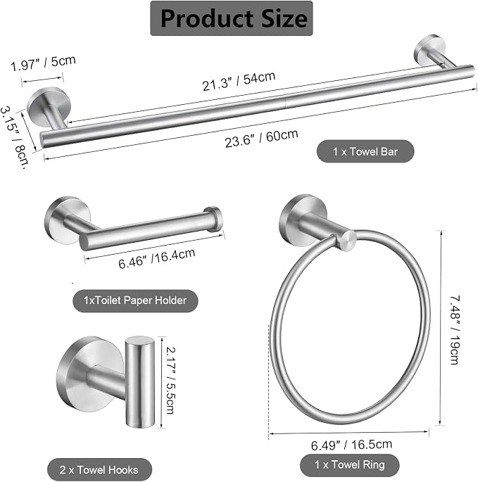 5-Piece Bathroom Hardware Set, Brushed Nickel SUS304 Stainless Steel Bathroom Accessories, 24" Towel Bar, Toilet Paper Holder, Towel Ring & 2 Robe Hooks, Wall Mounted, Rustproof Modern Design