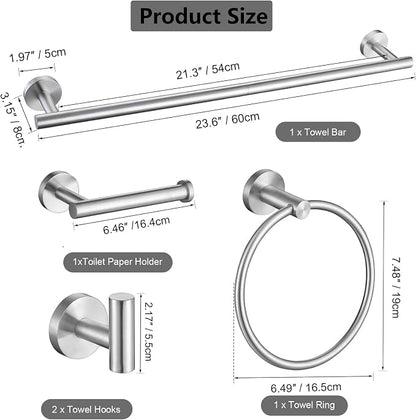 5-Piece Bathroom Hardware Set, Brushed Nickel SUS304 Stainless Steel Bathroom Accessories, 24" Towel Bar, Toilet Paper Holder, Towel Ring & 2 Robe Hooks, Wall Mounted, Rustproof Modern Design