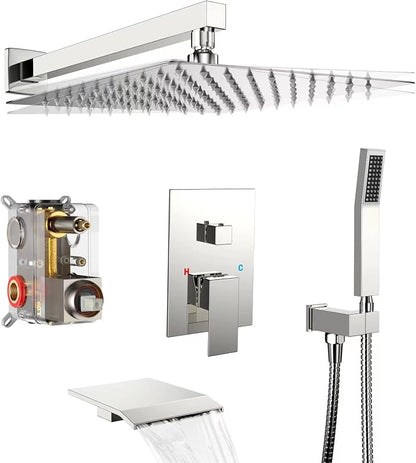 Chrome Shower System Rain Faucet Set with Tub Spout, 10 inch | All-Metal Wall Mounted Bathroom Shower Faucet Set with Safe Pressure Balance Valve, Water Saving High Pressure Rainfall Head