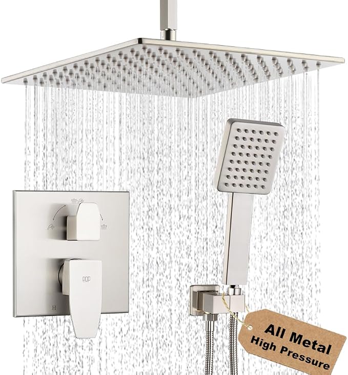 12 Inch Ceiling Mount Shower Faucet Set Brushed Nickel Ceiling Rainfall Shower Head and Handle Set Bathroom Rain Shower System Include Shower Valve and Trim Kit