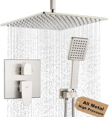 12 Inch Ceiling Mount Shower Faucet Set Brushed Nickel Ceiling Rainfall Shower Head and Handle Set Bathroom Rain Shower System Include Shower Valve and Trim Kit